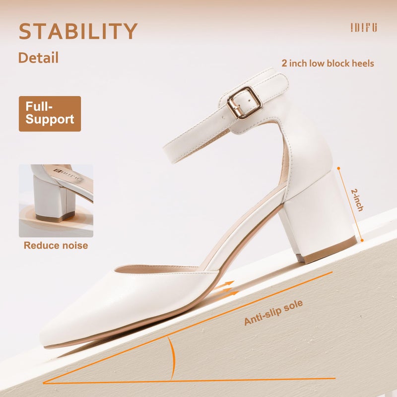 IDIFU Women's IN2 Pedazo Dress Shoes Low Block Heels Comfortable Chunky Closed Toe Ankle Strap Wedding Pumps(White Pu, 8 B(M) US) - Image 5